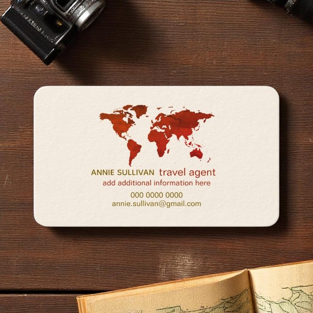 Carte De Visite Papier crème agent de voyage Brownish World Map (Créateur téléchargé)