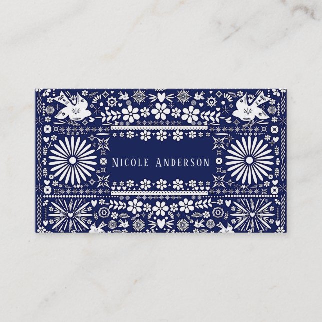 Carte De Visite Papier découpé blanc bleu marine Picado mexicain (Devant)