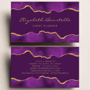 Carte De Visite Papier Luxe Violet à Effet Aquarelle et Feuille D'