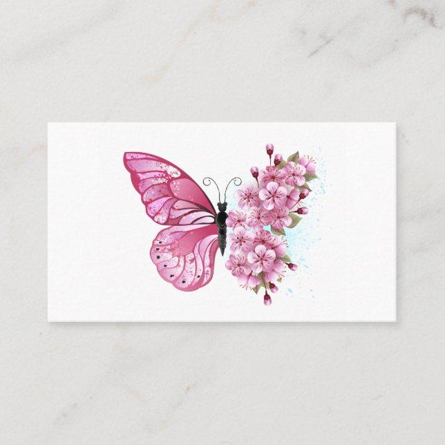 Carte De Visite Papillon à fleurs avec Sakura rose (Devant)