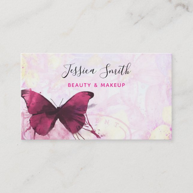 Carte De Visite Papillon d'aquarelle violet sur rose et jaune (Devant)