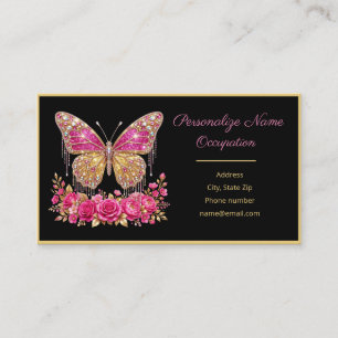 Carte De Visite Papillon élégant orné de bijoux et rose rose noir