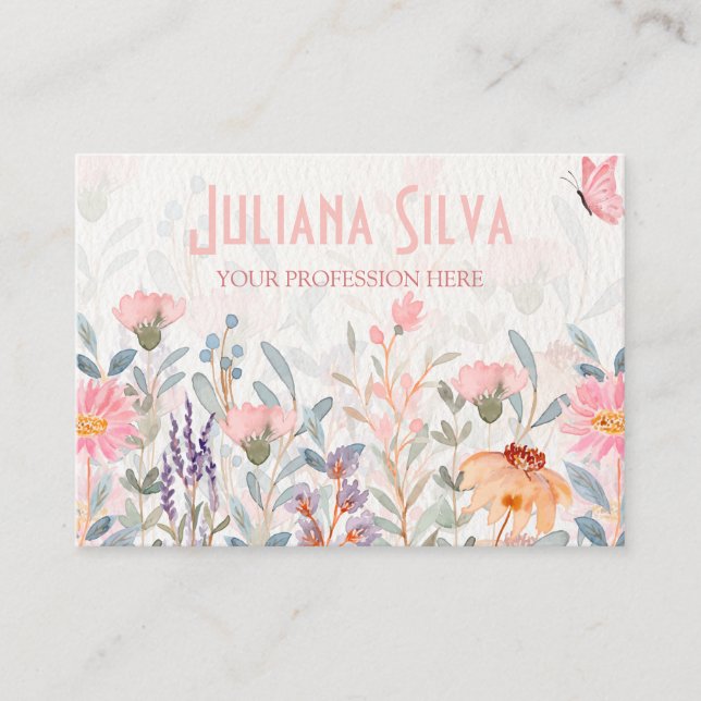 Carte De Visite Papillon floral rose et vert (Devant)