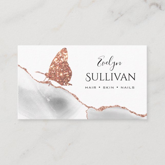 Carte De Visite papillon rose en or et agate blanche (Devant)