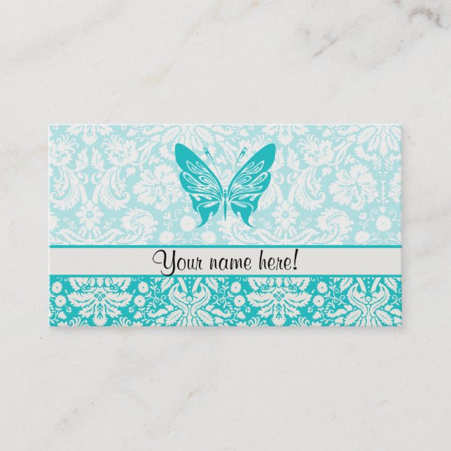 Carte De Visite Papillon turquoise ; Motif Damas (Devant)