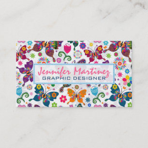 Carte De Visite Papillons et fleurs colorés rétro Motif 2