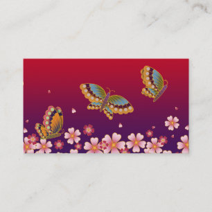 Carte De Visite Papillons japonais et fleurs de Sakura Rouge et Pl