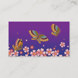 Carte De Visite Papillons japonais et sakura fleurissent bleu viol