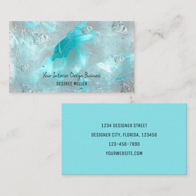 Carte De Visite Papillons Tournesol Turquoise Sliver Blanc Élégant (Devant / Derrière)