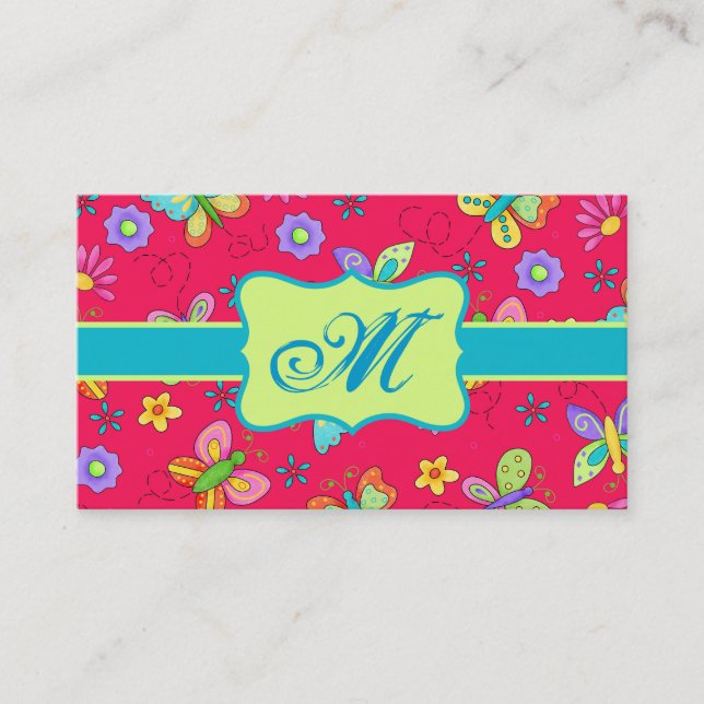 Carte De Visite Papillons Whimsy moderne sur Monogramme rouge pers (Devant)