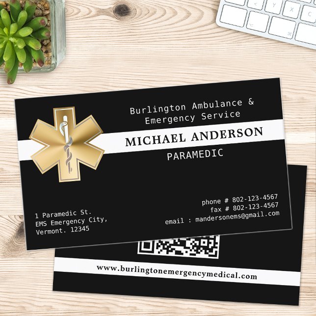 Carte De Visite Paramètre EMS EMT Gold Ambulance Logo QR Code (Créateur téléchargé)