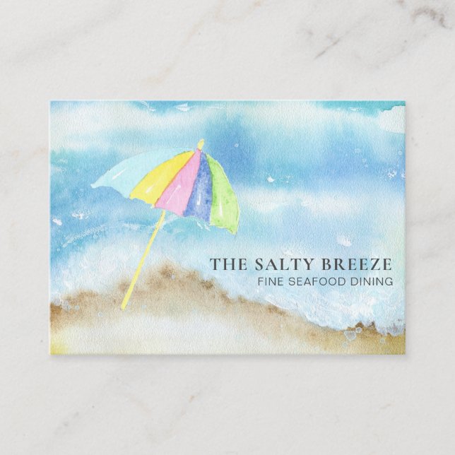 Carte De Visite *~* Parapluie de sable QR Aquarelle Mer Océan (Devant)