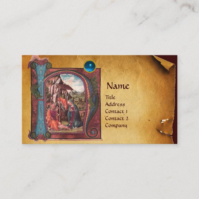 Carte De Visite PARCHEMENT DE NATIVITÉ Saphir bleu Monogramme (Devant)