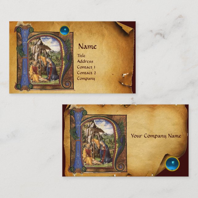 Carte De Visite PARCHEMENT NATIVITÉ Bleu clair Sapphire Monogramme (Devant / Derrière)