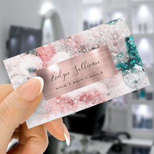 Carte De Visite Parties scintillant aquarelle rose feuille or cart