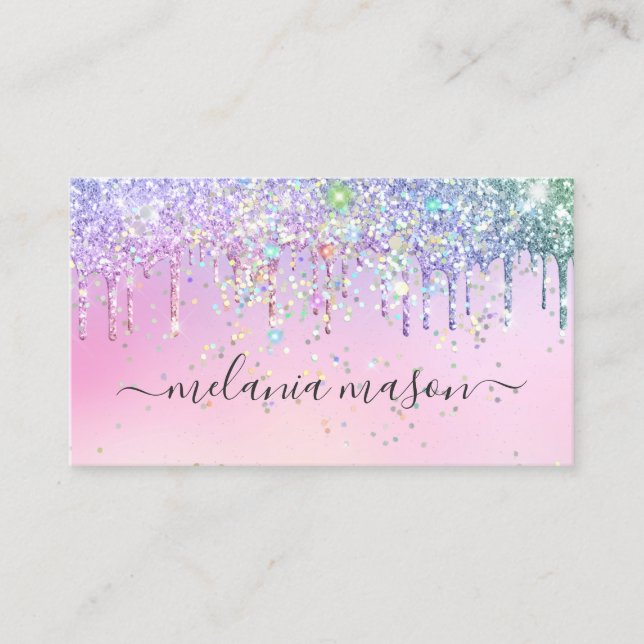 Carte De Visite Parties scintillant arc-en-ciel moderne rose goutt (Devant)