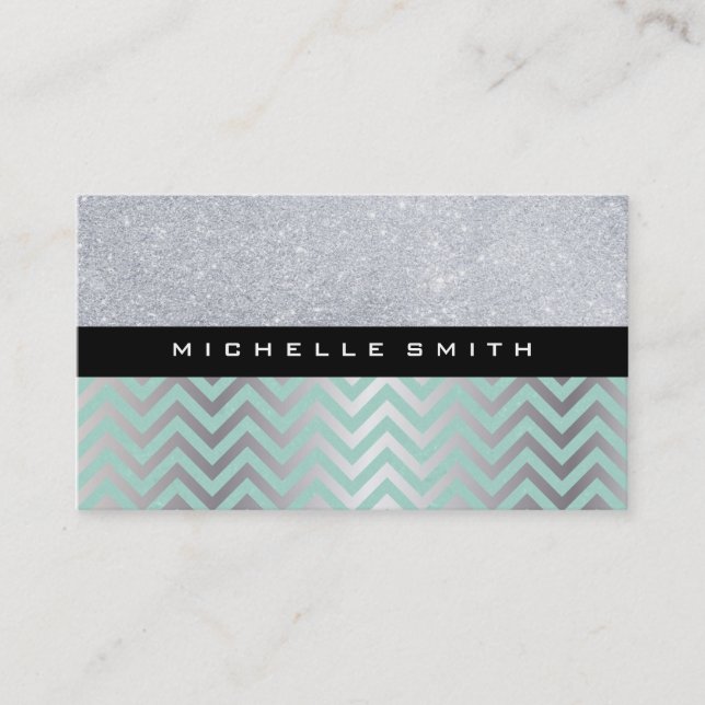 Carte De Visite Parties scintillant avec Motif Chevron en argent v (Devant)