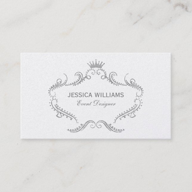 Carte De Visite Parties scintillant blanche Cadre orné avec couron (Devant)