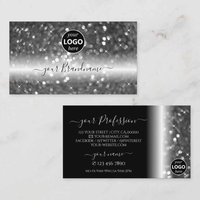 Carte De Visite Parties scintillant brillante en argent noir avec  (Devant / Derrière)