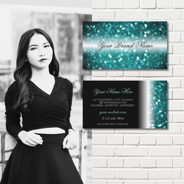 Carte De Visite Parties scintillant brillante noire et Turquoise b (Créateur téléchargé)