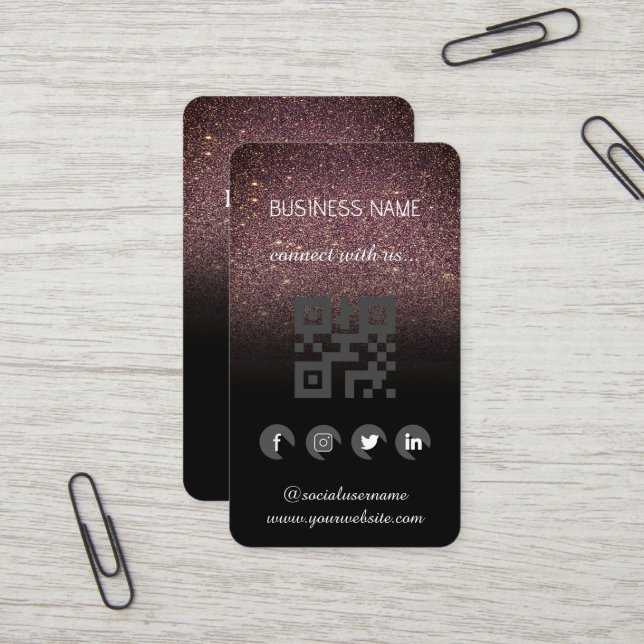 Carte De Visite parties scintillant Brown - Médias sociaux Code QR (Devant/Arrière en situation)