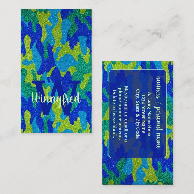 Carte De Visite Parties scintillant Camouflage bleu et vert clair  (Devant / Derrière)