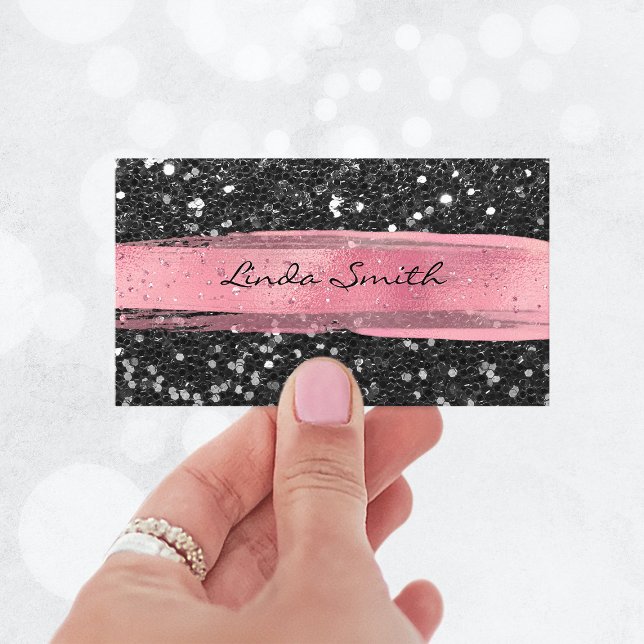 Carte De Visite Parties scintillant Confetti Noir Pinceau rose (Black Confetti Glitter Pink Brush Strokes Business Card)