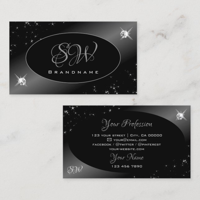 Carte De Visite Parties scintillant d'argent noir de luxe Stars Bi (Devant / Derrière)