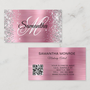 Carte De Visite Parties scintillant d'argent Pink Foil Monogramme 