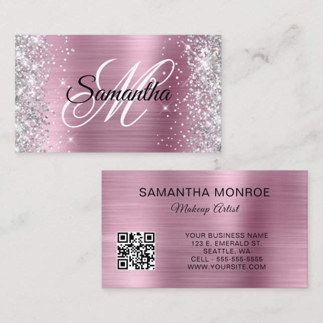 Carte De Visite Parties scintillant d'argent Pink Foil Monogramme  (Devant / Derrière)