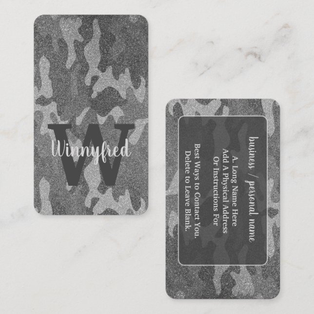Carte De Visite Parties scintillant de camouflage en argent et en  (Devant / Derrière)