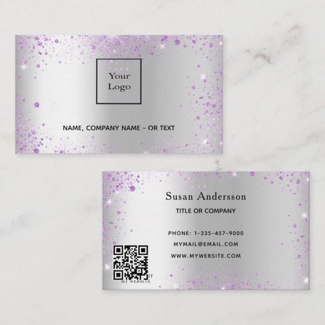 Carte De Visite Parties scintillant de code QR de lavande d'argent (Devant / Derrière)