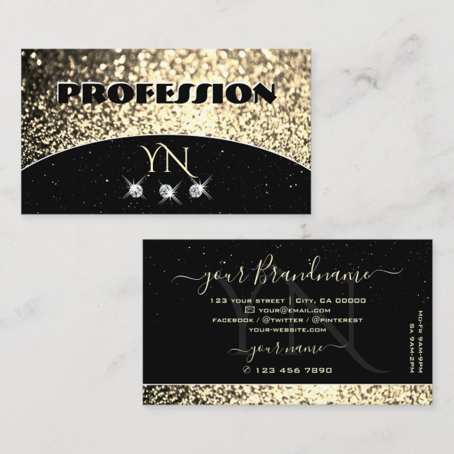 Carte De Visite Parties scintillant de luxe Black Gold avec Monogr (Devant / Derrière)