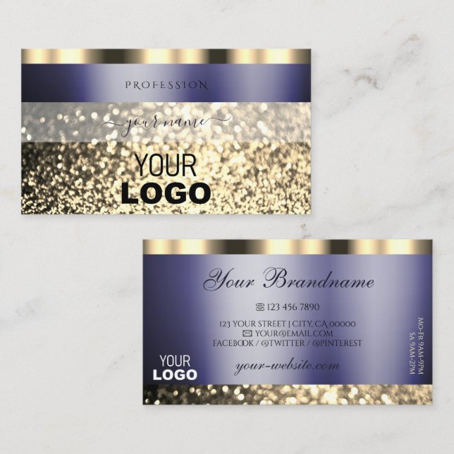 Carte De Visite Parties scintillant de luxe Dark Blue Gold avec lo (Devant / Derrière)