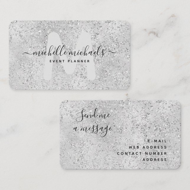 Carte De Visite Parties scintillant de luxe Mod Silver Glam Monogr (Devant / Derrière)