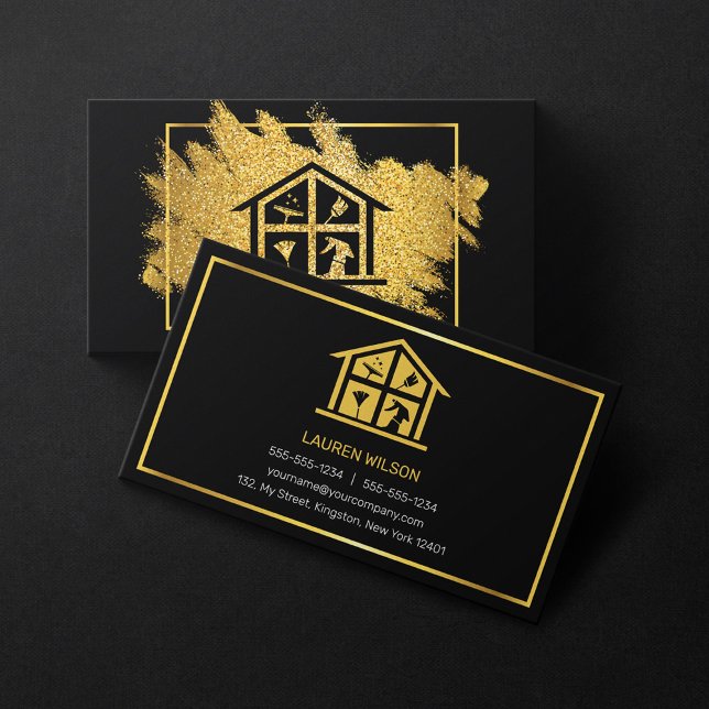 Carte De Visite Parties scintillant de nettoyage de maison en noir (Créateur téléchargé)