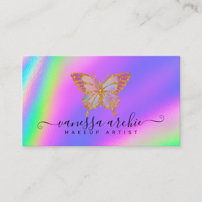 Carte De Visite Parties scintillant d'or arc-en-ciel papillon holo (Devant)