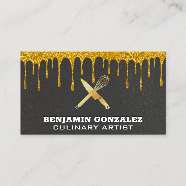 Carte De Visite Parties scintillant d'or | Couteau de Whisk d'or (Devant)