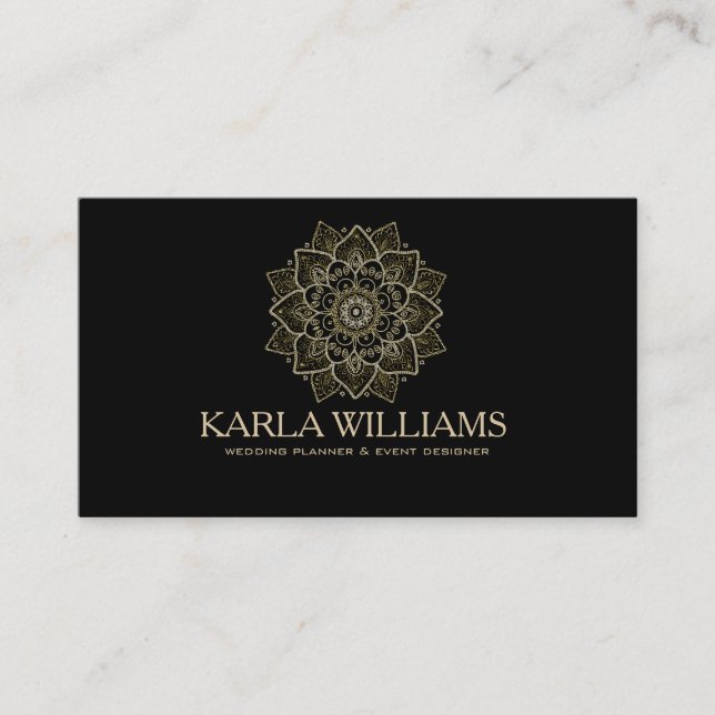Carte De Visite Parties scintillant d'or et Mandala Floral Noir (Devant)
