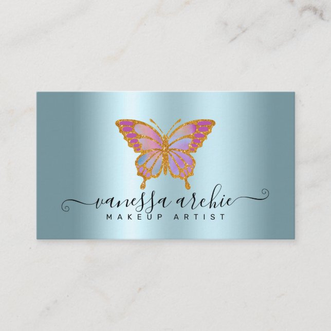Carte De Visite Parties scintillant d'or Papillon Turquoise métall (Devant)