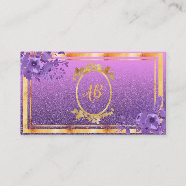 Carte De Visite Parties scintillant dorée fleurie violette monogra (Devant)