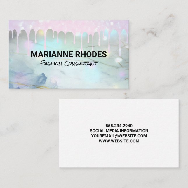 Carte De Visite Parties scintillant Drip Bokeh | Marbre (Devant / Derrière)