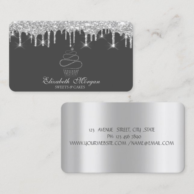 Carte De Visite Parties scintillant Drives Argent Cupcake Boulange (Devant / Derrière)