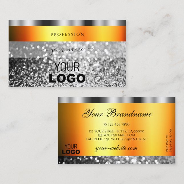 Carte De Visite Parties scintillant éclatante en argent orange ave (Devant / Derrière)
