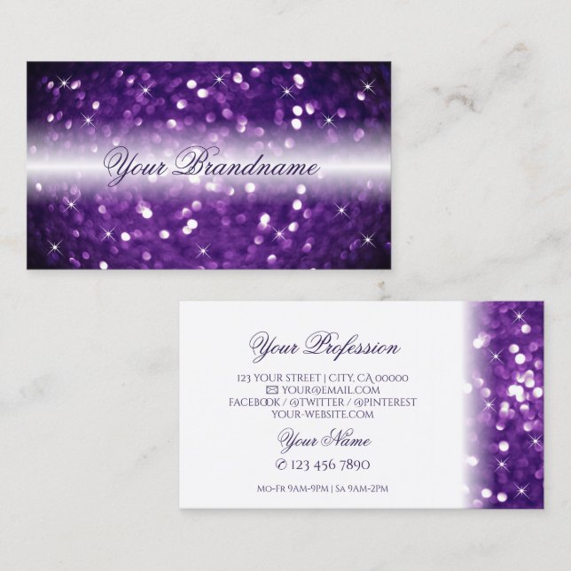 Carte De Visite Parties scintillant élégante violet brillant blanc (Devant / Derrière)