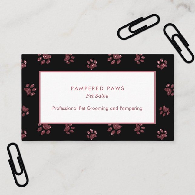 Carte De Visite Parties scintillant Empreintes de pattes Rose Gold (Glitter Paw Prints Rose Gold Pink Black Pet Salon Business Card)