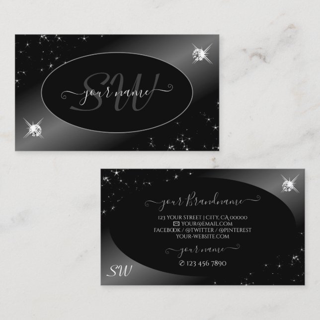 Carte De Visite Parties scintillant en argent noir de luxe Stars B (Devant / Derrière)