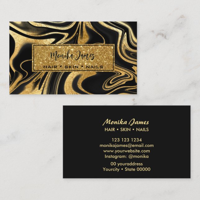 Carte De Visite Parties scintillant en marbre d'or Noir moderne Go (Devant / Derrière)