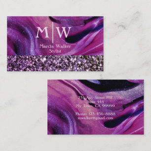 Carte De Visite Parties scintillant en marbre violet monogramme él