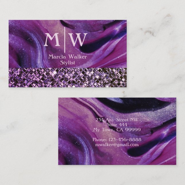 Carte De Visite Parties scintillant en marbre violet monogramme él (Devant / Derrière)